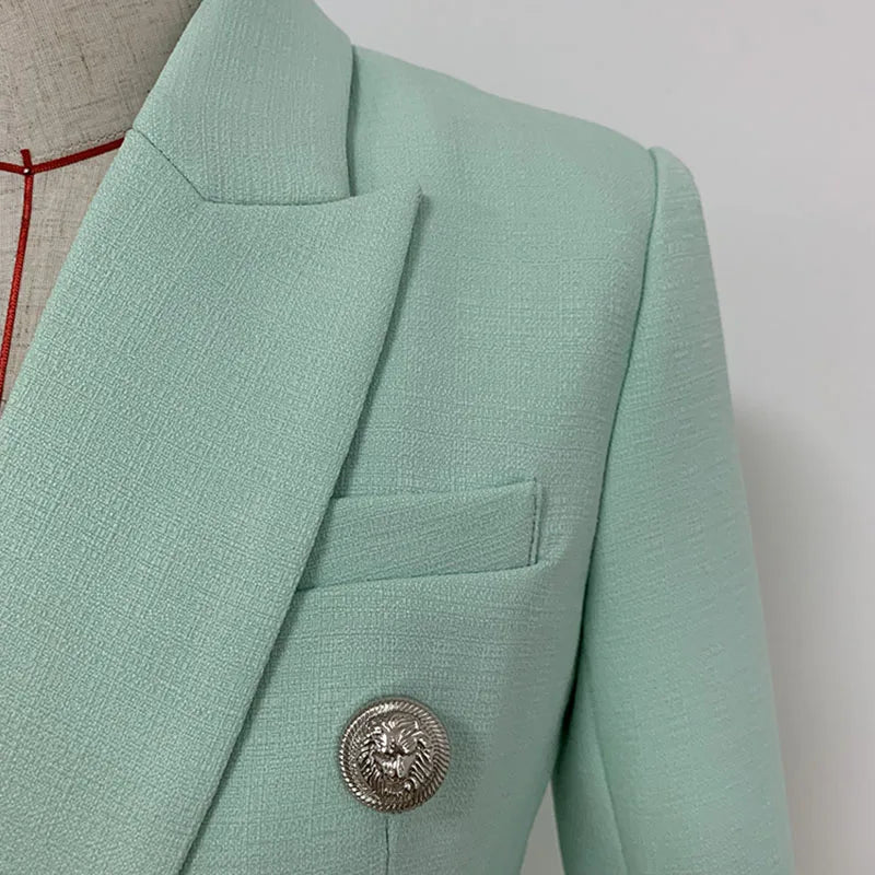 HIGH STREET 2026 Classic Baroque Designer Jacket Women's Metal Lion Buttons Double Breasted Textured Blazer Mint Green