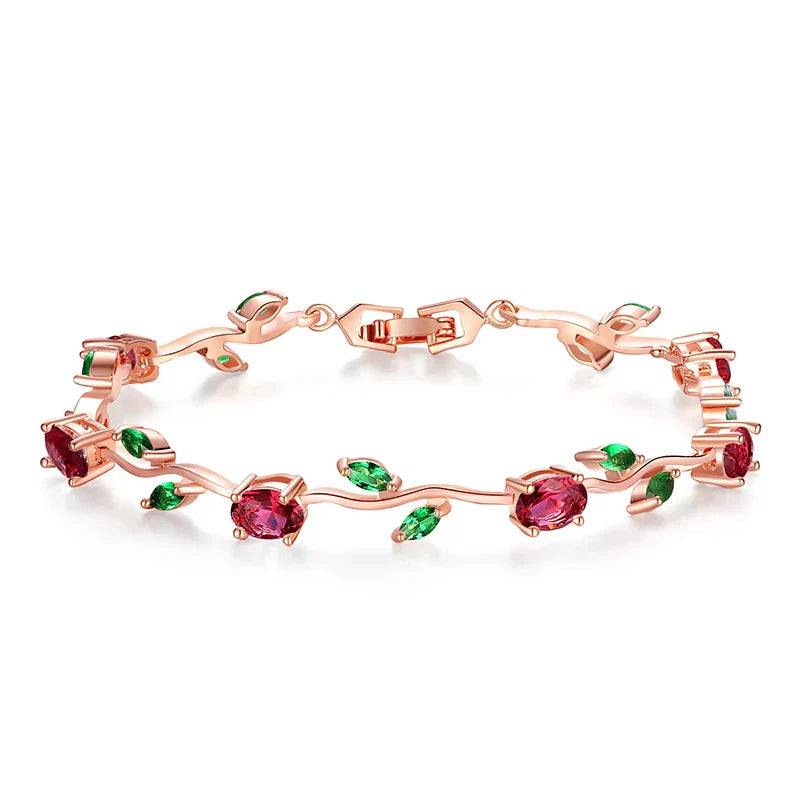 Rose Gold Color Leaf Chain & Link Bracelet with Red + Green AAA Zircon for Mother Gifts Jewelry JIB072