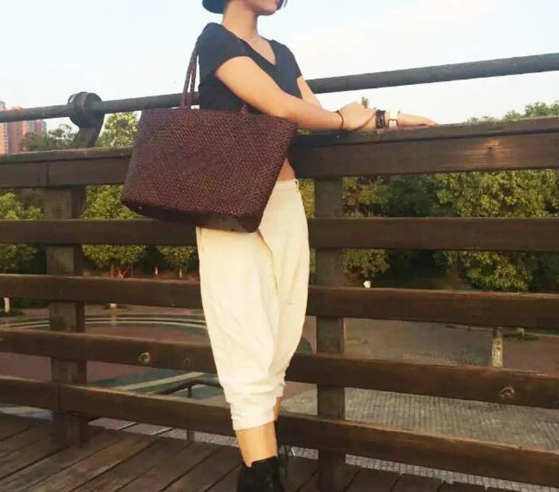Women Leather Handbag Romantic Big Handmade Woven Totes Female Cowhide Big Holiday Bucket Bag Causal Beach Shoulder Handbags
