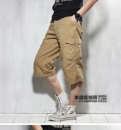 Male Shorts Multi Pocket Summer Loose Zipper Breeches Khaki Grey Plus Size Short Pant Casual Cotton Black Long Mens Cargo Shorts