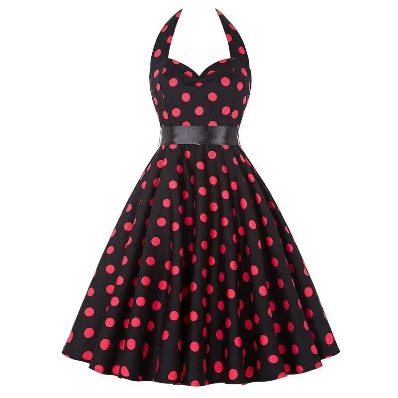 Sexy Retro White Polka Dot Dress Hepburn Vintage Halter Party Dress 50s 60s Pin Up Rockabilly Robe