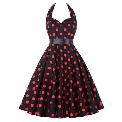 Sexy Retro White Polka Dot Dress Hepburn Vintage Halter Party Dress 50s 60s Pin Up Rockabilly Robe