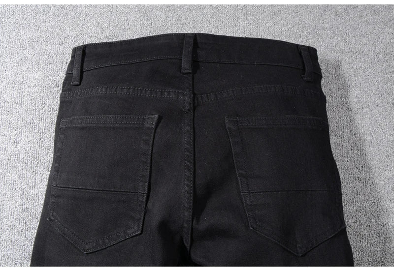 Sokotoo Men's Black Patchwork Stretch Denim Biker Jeans for Motorcycle Slim Fit Skinny Ripped Pencil Pants