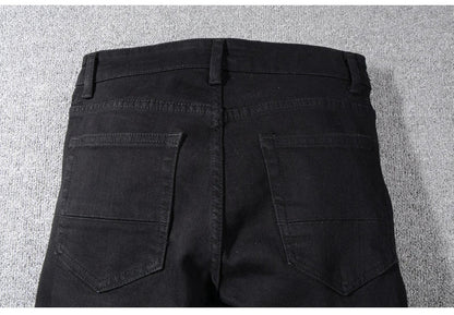 Sokotoo Men's Black Patchwork Stretch Denim Biker Jeans for Motorcycle Slim Fit Skinny Ripped Pencil Pants