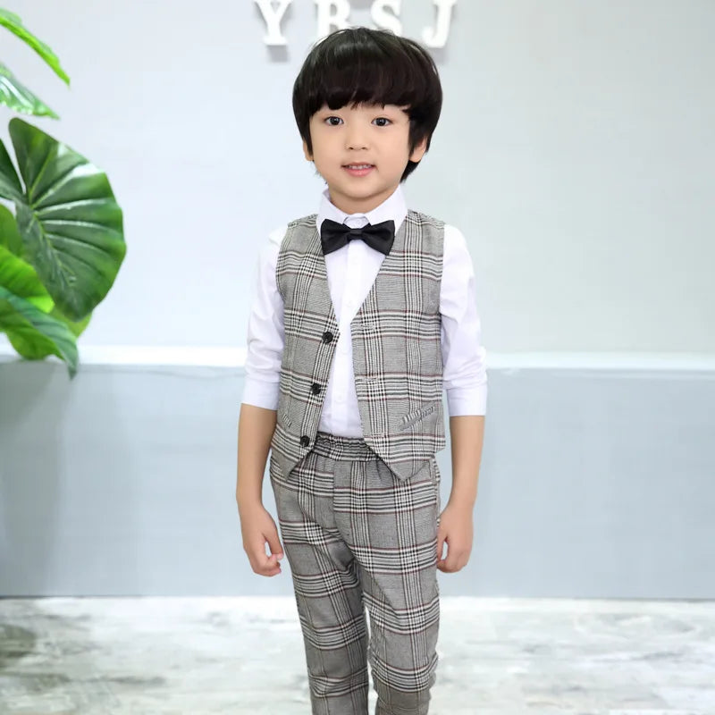 Flower Boys Formal School Suits for Weddings Boys Brand Plaid Blazer Vest Pants 3pcs Tuxedo Kids Prom Party Dress Clothing Sets
