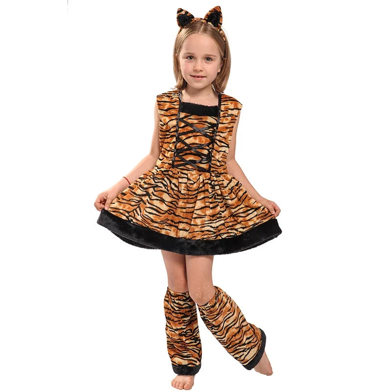 Cute Cartoon Animal Cosplay Girls Tiger Leopard Dress Halloween costume for Girl Christmas Carnival Outfit Headband