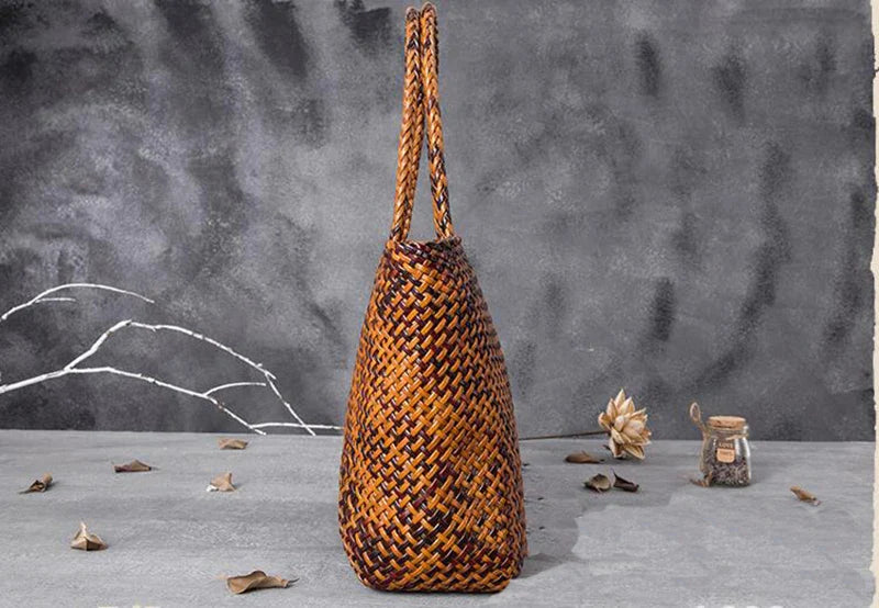 Women Leather Handbag Romantic Big Handmade Woven Totes Female Cowhide Big Holiday Bucket Bag Causal Beach Shoulder Handbags