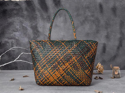 Women Leather Handbag Romantic Big Handmade Woven Totes Female Cowhide Big Holiday Bucket Bag Causal Beach Shoulder Handbags