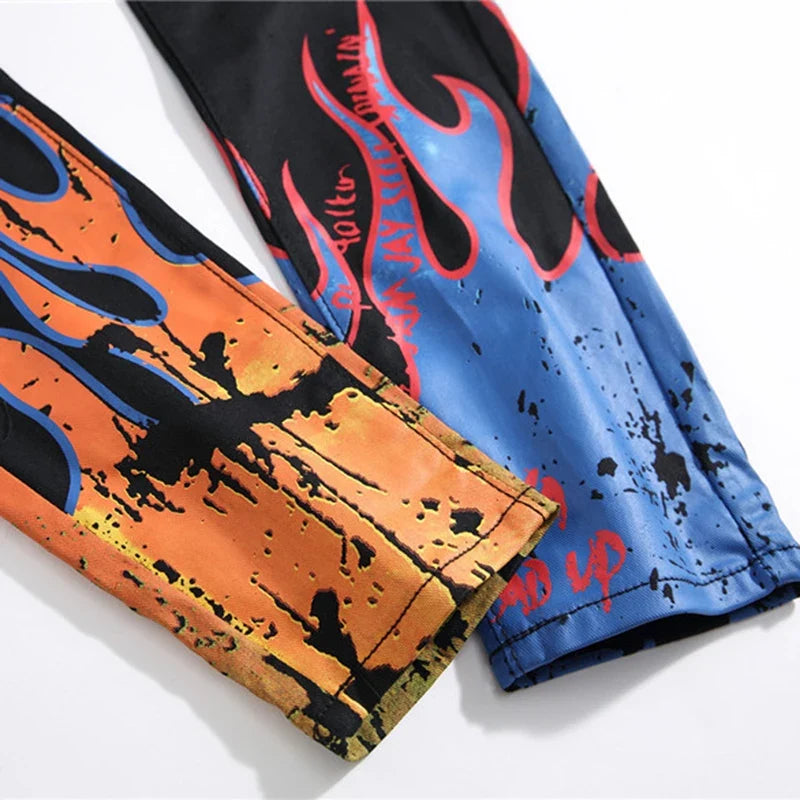 Men's Fashion Letters Flame Black Printed Jeans Slim Straight Colored Painted Stretch Pants