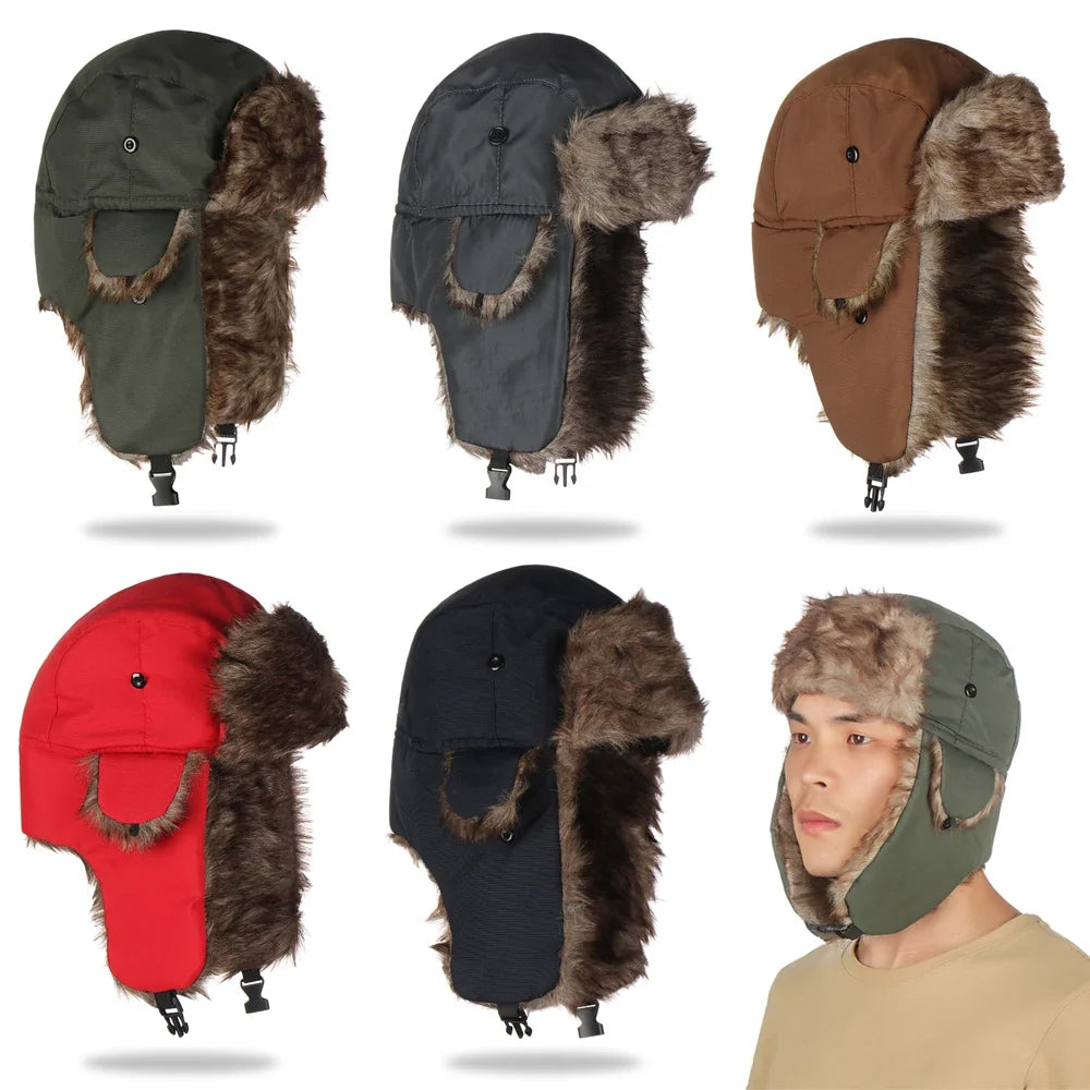 Unisex Men Women Russian Hat Trapper Bomber Warm Trooper Ear Flaps Winter Ski Hat Solid Fluffy Faux Fur Cap Headwear Bonnet