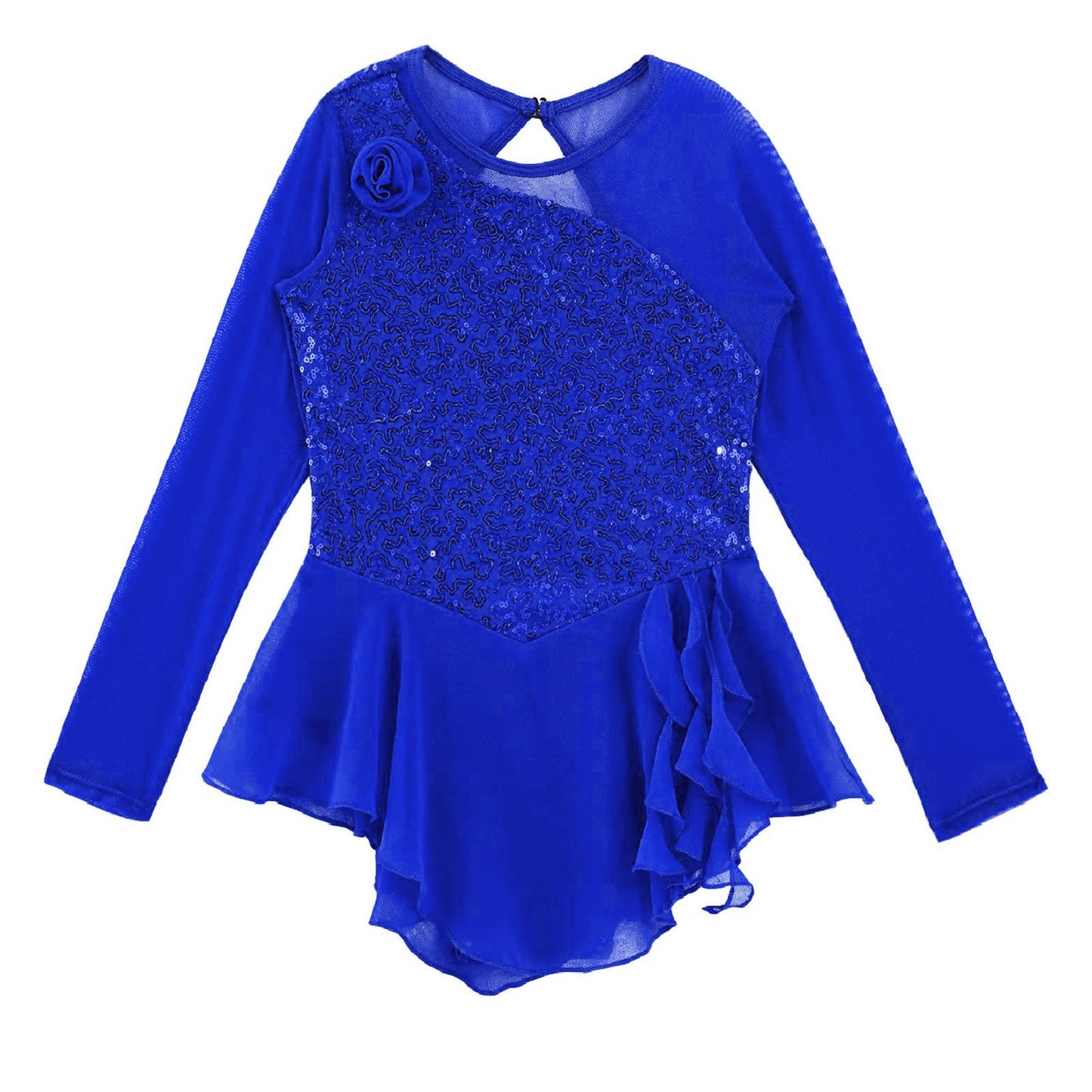 Girls Figure Ice Skating Dress Sparkly Sequin Gymnastics Dance Ballet Tutu Leotard Kids Long Sleeve Mesh Splice Dance Costume