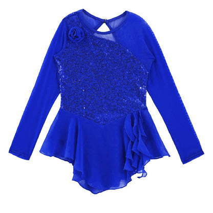 Girls Figure Ice Skating Dress Sparkly Sequin Gymnastics Dance Ballet Tutu Leotard Kids Long Sleeve Mesh Splice Dance Costume