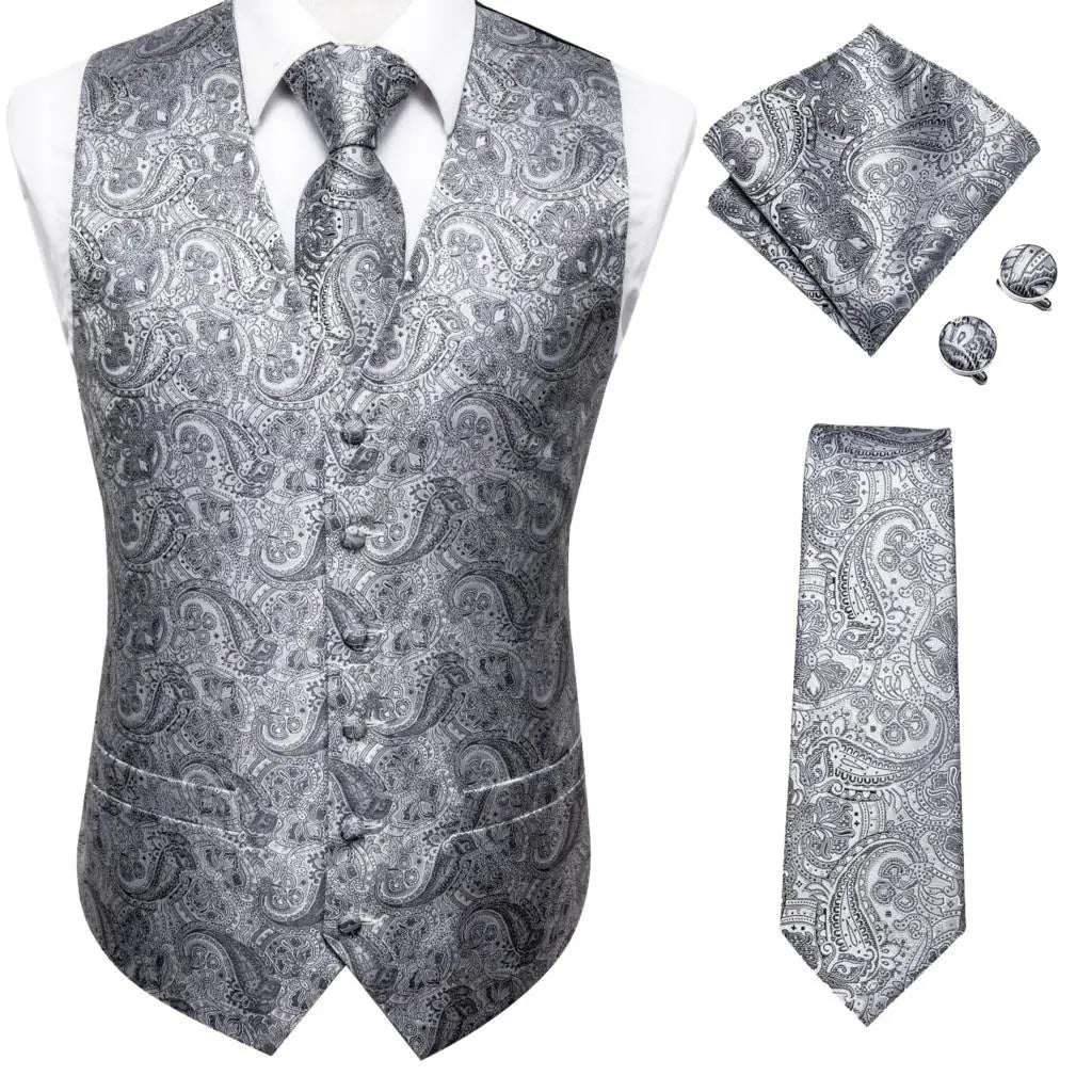 Silk Mens Vests Sleeveless Waist Jacket Jacquard Black Orange Floral Waistcoat Tie Hanky Cufflinks Set for Men Casual XXL