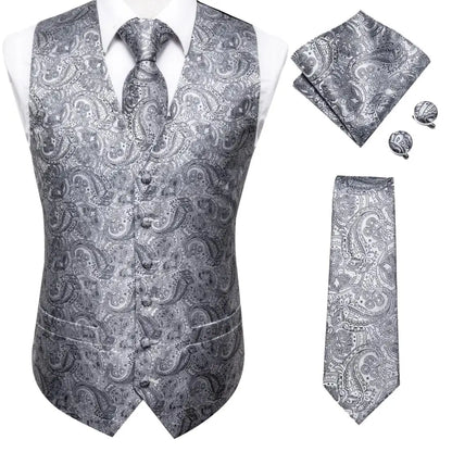 Fashion Silk Vest For Men Classic Gold Champane Yellow Waistcoat Jacket Tie Hankerchief Cufflinks Sets Dress Suit Wedding Hi-Tie
