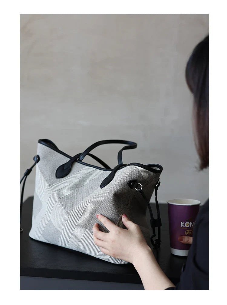 Women's Fashion Shoulder Bag Luxury Designer Handbag Large Capacity Canvas With Genuine Leather Tote For Shopping,Commuting,Work