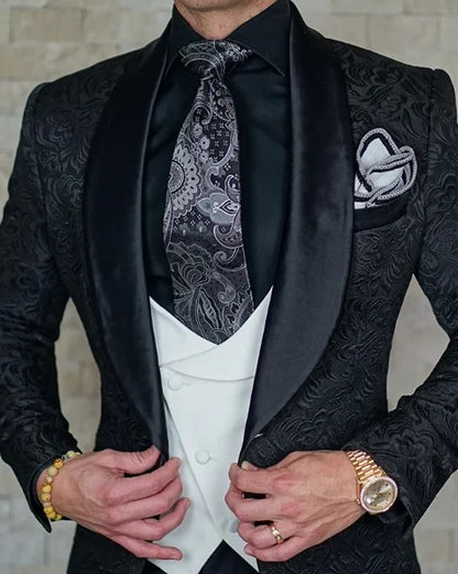 Hot Selling Men Suits Pattern and Black Groom Tuxedos Shawl Satin Lapel Groomsmen Wedding Best Man ( Jacket+Pants+Vest+Tie) C691