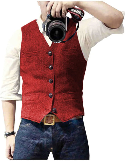Men's Casual Classic Suit Vest V Neck Herringbone Tweed Slim Fit Business Waistcoat For Wedding