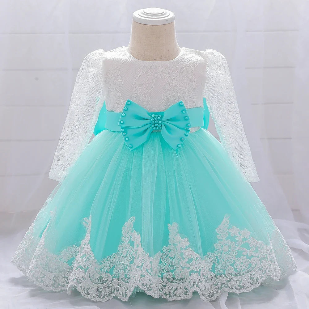 Long Sleeve Baby Girls Dress Newborn White Baptism Tulle Party Wedding 1st Birthday Princess Dresses Infant Girls Bow Prom Gown
