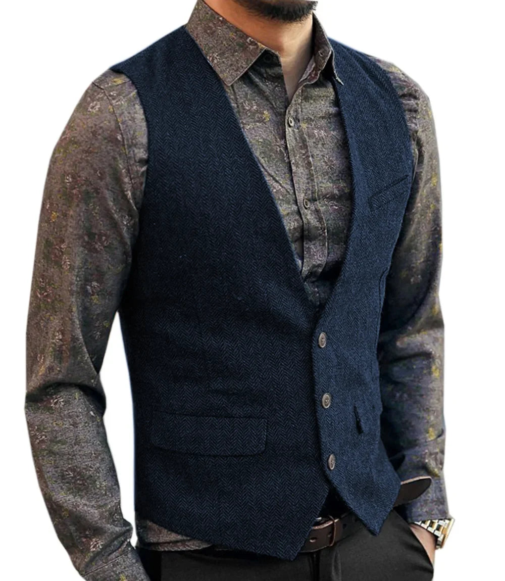 Men's V-Neck Suit Vests Fashion Formal Slim Fit Business Herringbone Dress Waistcoat for Tuxedo Wedding Party