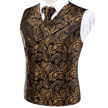 Silk Men's Vests and Tie Business Formal Dresses Slim Vest 4PC Necktie Hanky cufflinks for Suit Blue Paisley Floral Waistcoat
