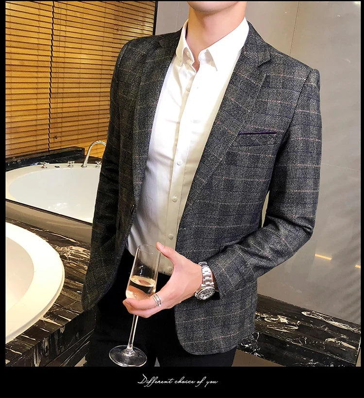 British's Style Vintage Plaid Blazer Men Casual Slim Fit Suit Jacket Single Button Business Social Blazer Plus Size M-5XL Hombre