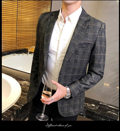 British's Style Vintage Plaid Blazer Men Casual Slim Fit Suit Jacket Single Button Business Social Blazer Plus Size M-5XL Hombre