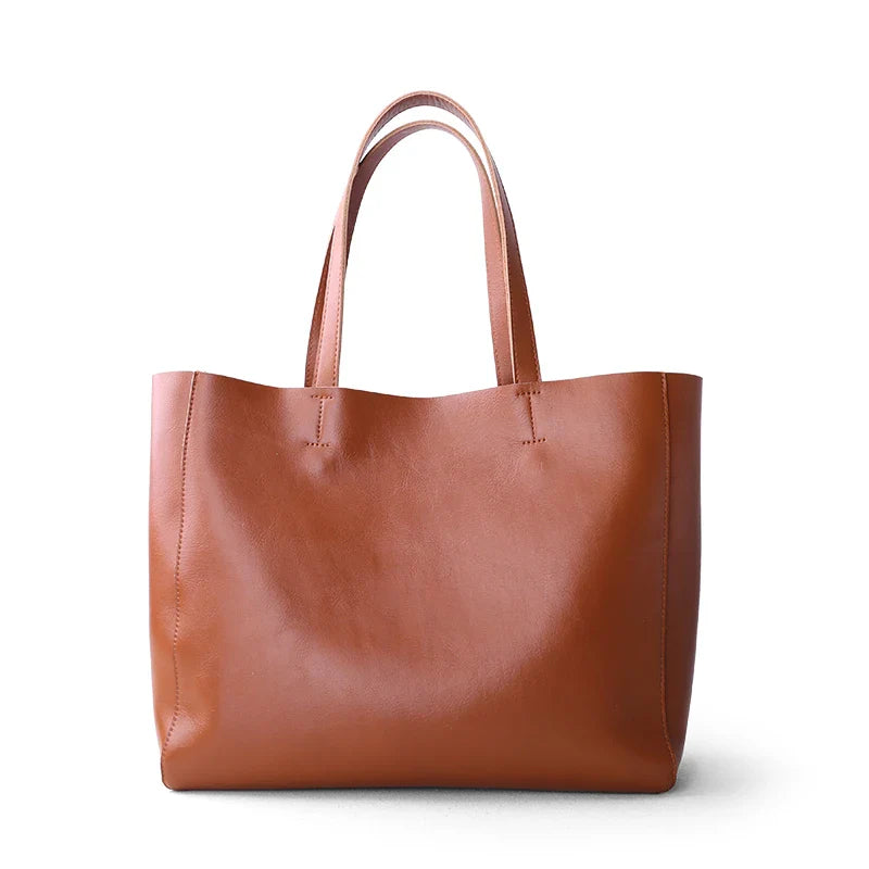 Genuine Leather Bag Women Casual Tote Female Luxury Simple Fashion Handbag Lady Cowhide Leather Daily Use Shoulder Shopping Bag