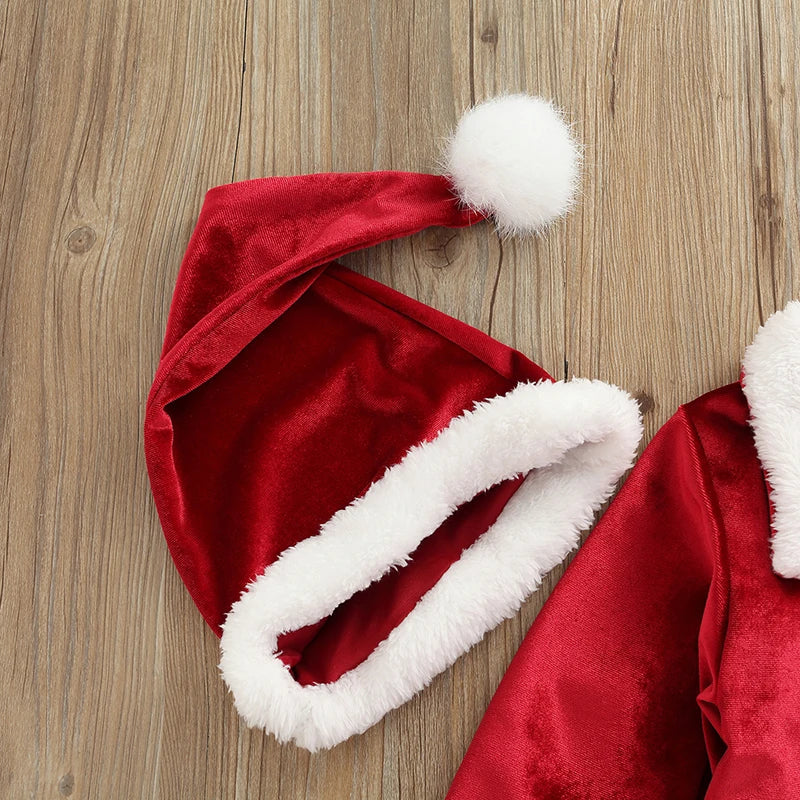 0-4Years Infant Baby Kids Santa Claus Costumes Fall Winter Christmas Suits Boy Girl Long Sleeve Tops+Trousers+Hat Velvet Outfits