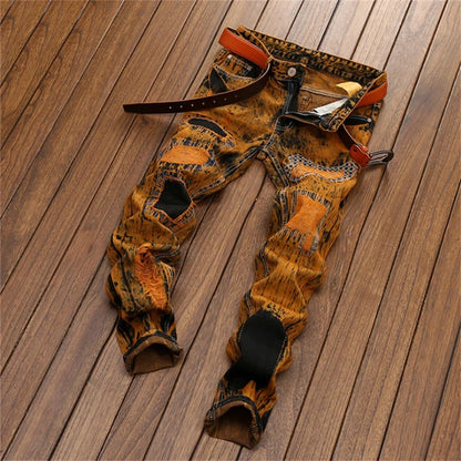 3D Black Patch Brown Jeans Men's High Street Pure Cotton Frayed Hole Fishing Net Decoration Elastic Comfortable Pants New