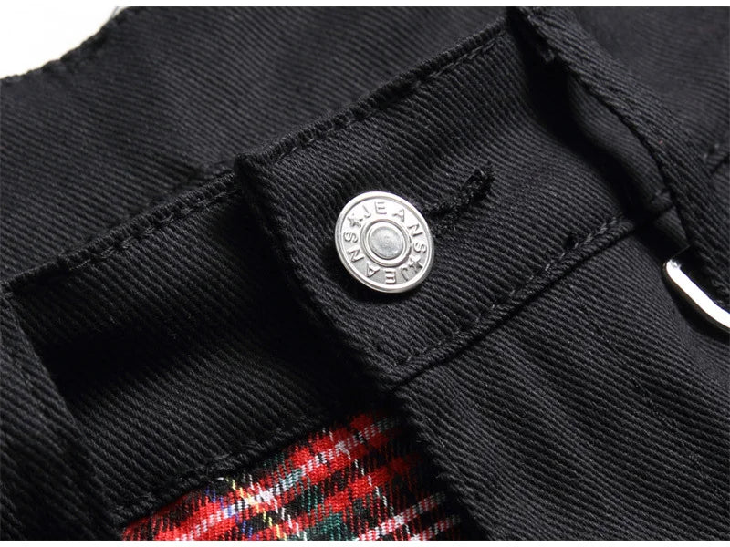 Men Punk Jeans Trendy Scotland Plaid Tartan Black Denim Pants Streetwear Rivet Patchwork Spliced Slim Straight Trousers