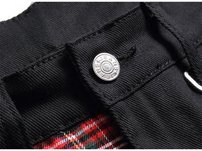 Men Punk Jeans Trendy Scotland Plaid Tartan Black Denim Pants Streetwear Rivet Patchwork Spliced Slim Straight Trousers