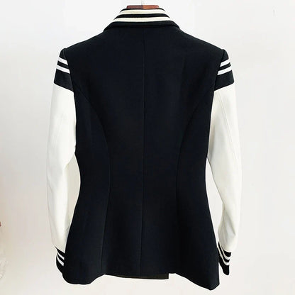HIGH STREET New Fashion 2026 Classic Varsity Jacket Women's Lion Buttons Double Breasted Leather Sleeve Patchwork Blazer