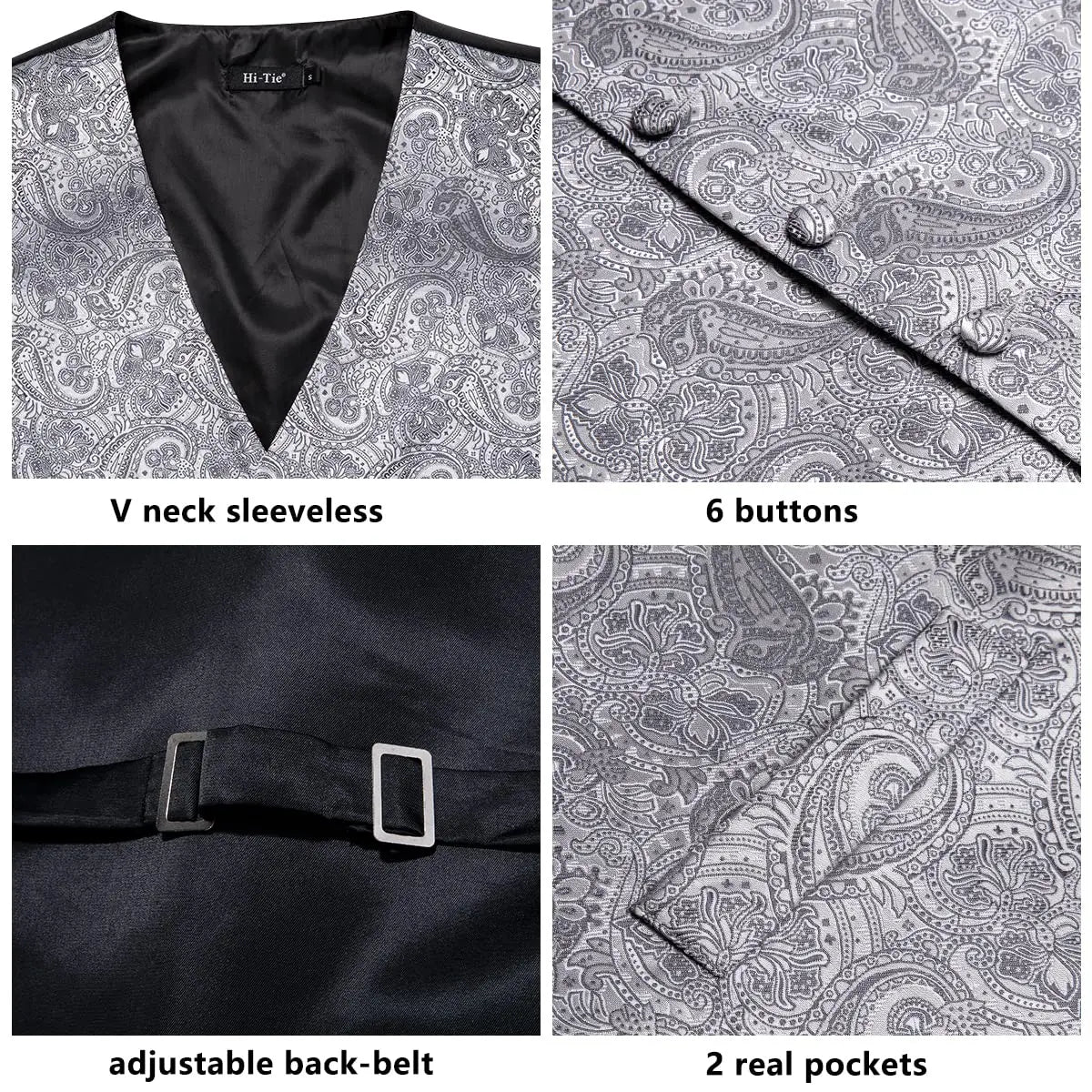Luxury Gold Black Mens Vests Print Jacquard Waistcoat Tie Hanky Cufflinks Brooch Set for Men Wedding Formal Business Hi-Tie