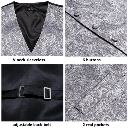 Navy Blue Mens Silk Vests Business Paisley V-Necl Waistcoat Tie Hanky Cufflinks Brooch Set for Men Suit Wedding Formal Hi-Tie