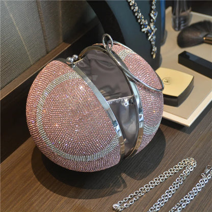 Lady Yellow Pink Black Diamond Day Clutches Rhinestone Pearl Evening Bag Circular Shaped Chain Shoulder Handbags For Party Purse