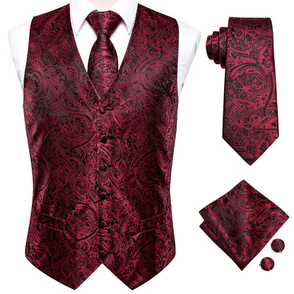 Luxury Mens Vests Black Gold Floral Jacquard Waistcoat Tie Hanky Cufflinks Brooch Set for Men Suit Wedding Office XL