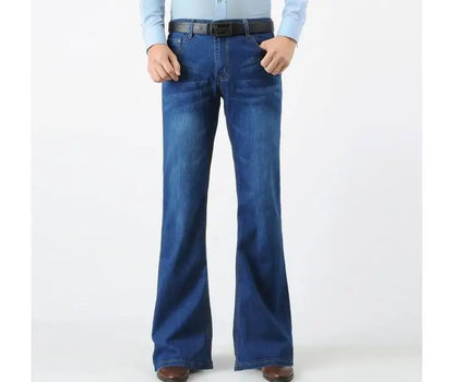 Spring Men Jeans Vintage Flare Long Denim Pants Blue Trouser 80s Slim