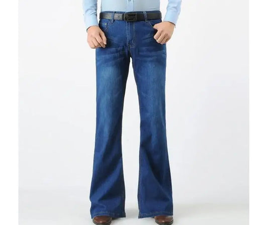 Spring Men Jeans Vintage Flare Long Denim Pants Blue Trouser 80s Slim