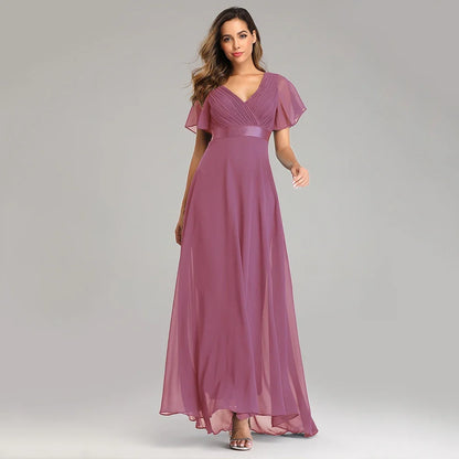 Evening Dresses Elegant V-Neck Ruffles Chiffon Formal Evening Gown  Robe Vestidos De Fiesta Dress for Wedding Party