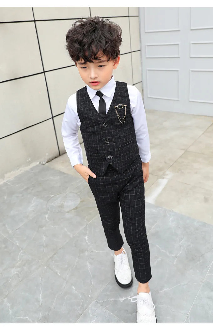Boy Plaid Vest Blazer Kids Waistcoat Wedding Clothes Set Toddler Formal Dress Suit Child Brooch Shirt Pant Baby Gentlemen Outfit
