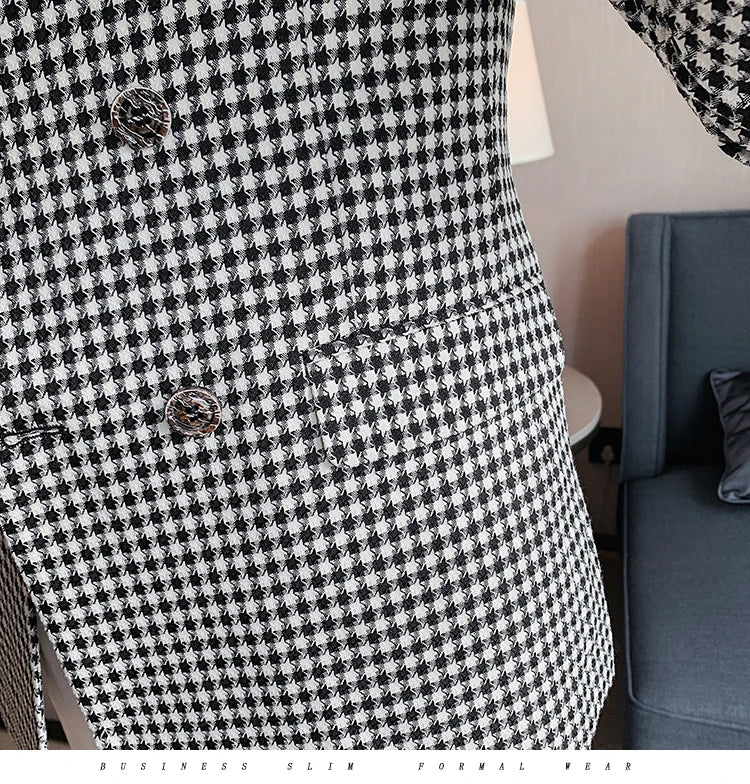 British Style Slim Fit Houndstooth Blazer For Men 2023 Fashion Double Breasted Business Office Wedding Dress Suit Jacket