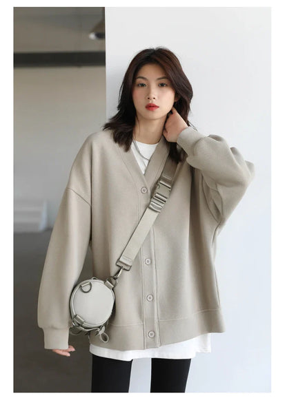Korean Autumn Winter Women's Sports Coat Casual Loose V-neck Sweatshirt for Women Thick Warm Tops Office Lady Female