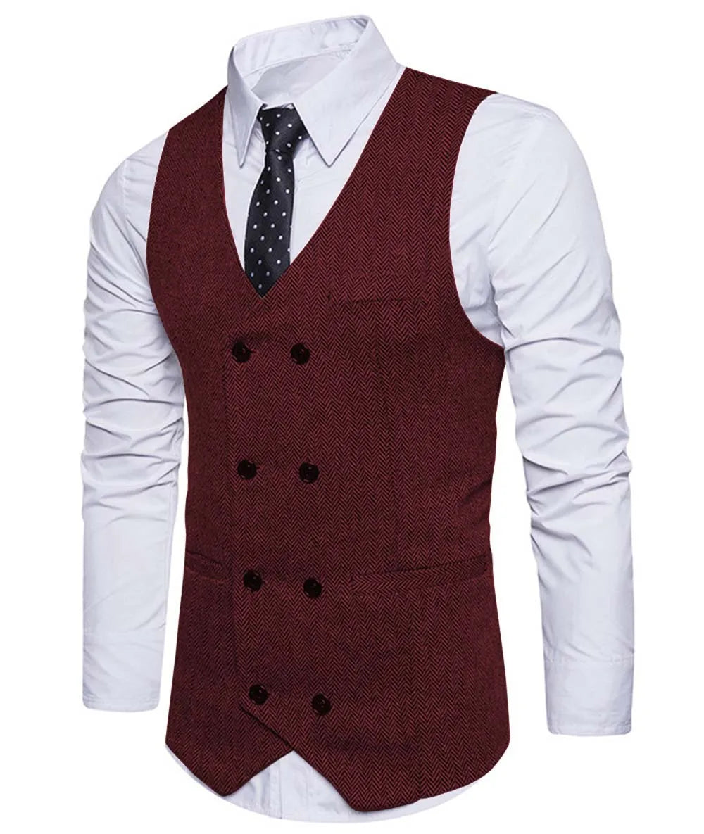 2022 New Men's Royal Blue Double-breasted Vest Suit Vest Casual Top Quality Herringbone Pattern Waistcoat For Wedding