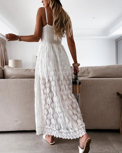 Summer V Neck Solid Color Lace Hollow-Out Sleeveless Sling Party Wear High Waist Rompers Holiday Casual White Women's Jumpsuit