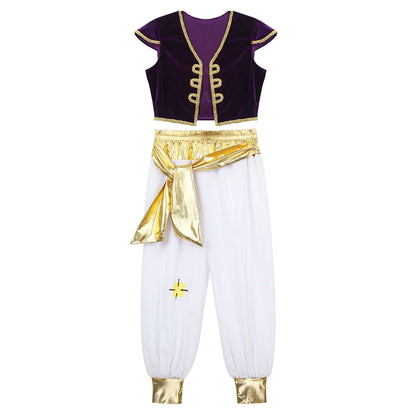 Boys Mythical Prince Arabian Carnival Cosplay Outfit Halloween Party Arabian Prince Role Play Waistcoat Vest Top+Belted Pants