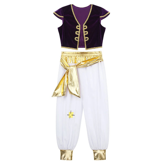 Boys Mythical Prince Arabian Carnival Cosplay Outfit Halloween Party Arabian Prince Role Play Waistcoat Vest Top+Belted Pants