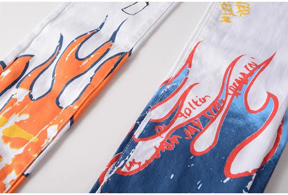 Men's Fashion Letters Flame Black Printed Jeans Slim Straight Colored Painted Stretch Pants