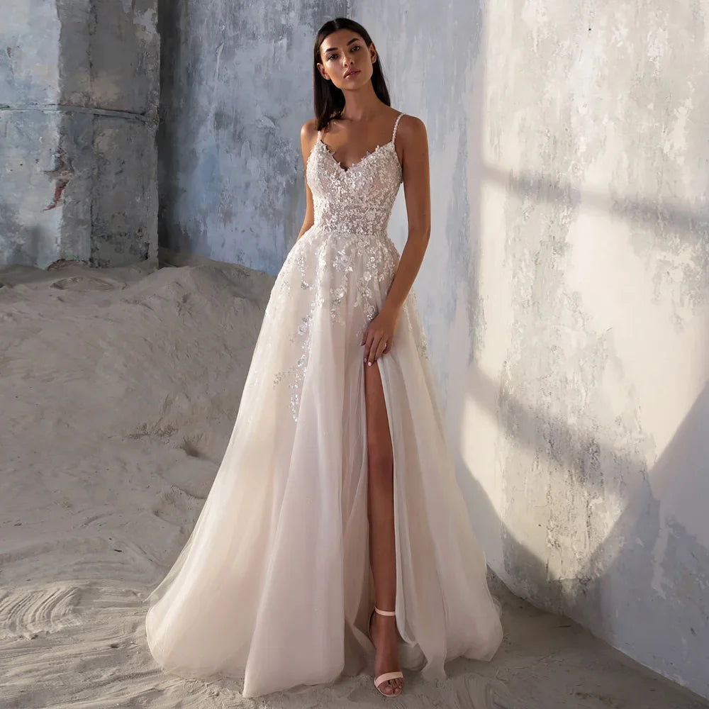 Sexy Sparkling Wedding Dress Customized Spaghetti Straps V Neck Sequined Lace High Slit Soft Tulle  Dresses Bridal Gown Backless