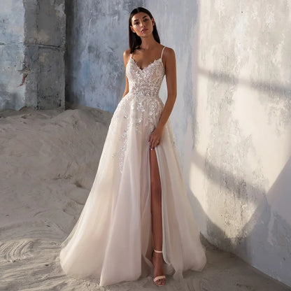 Sexy Sparkling Wedding Dress Customized Spaghetti Straps V Neck Sequined Lace High Slit Soft Tulle  Dresses Bridal Gown Backless