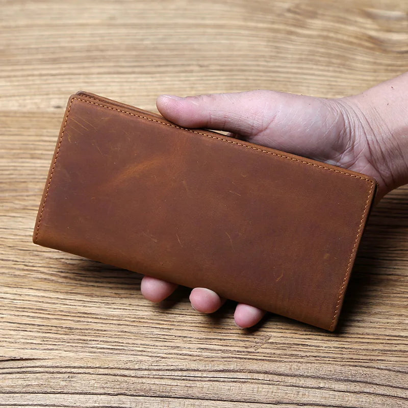 Vintage Leather Men's Wallet Mad Horse Leather Long Cell Phone Bag First Layer Cowhide Multi-card ID Bag